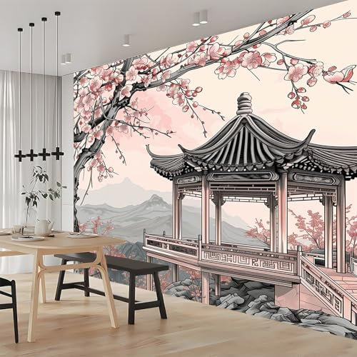 Générique Papier Peint 3D Fleurs De Cerisier Pavillon Peinture À L'Encre 250x175 cm Panoramique Peinture Murale Interieur pour Salon Chambre à Coucher D'Enfant Maison Décoration Murale