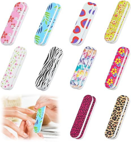YJDM Professional Nail Files, 20PCS Double Sided Mini Emery Board 180/240 Grit Washable Nail Files, Colorful Floral Fingernail Buffering Files Manicure Tools Nail Styling Tools Pet Grooming Tools
