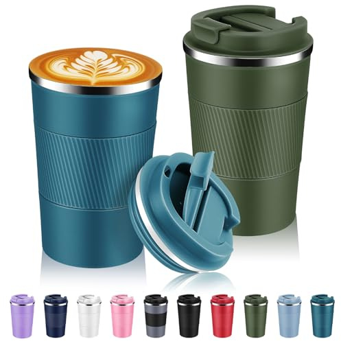 Volhoply Resekaffemugg, rostfritt stål, isolerad, flip-lock, återanvändbar, dubbelvägg, vakuum, kaffekopp, bärbar, läckagesäker, tumlare, varm och kall dryck, 385 ml (13 uns), blandade färger, 2-pack