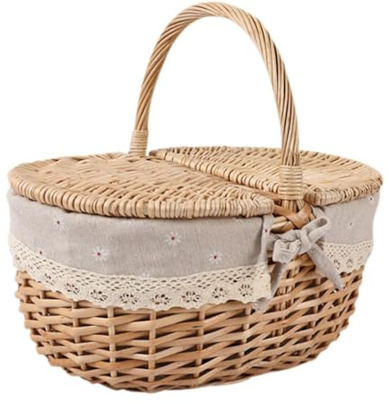 KESOTO cesta de mimbre para Picnic, Tejida con Tapa y Asa, Gris Beige, Medio