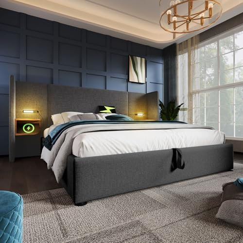 Polsterbett Doppelbett 160×200cm mit Nachttisch, Leselampe und USB Type-C Ladefunktion, Bettanlage Stauraumbett Bettgestell mit Lattenrost aus Massivholz und Metall, Leinen (Grau)