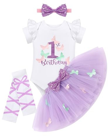 FYMNSI Baby M�dchen 1. Erster Geburtstag Outfit Schmetterling 1 Jahr Alt Party Fotoshooting Baumwolle Kurzarm Strampler Body Prinzessin T�t� Rock Pailletten Stirnband Beinw�rmer Set Lila 9-12 Monate