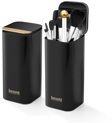 Upgrade Makeup Brush Holder Organizer with Lid, Automatic Lifting Dustproof Makeup Brushes Organizer with 4 Compartments for Vanity，Cosmetic Storage for Dresser Countertop and Bathroom (Black Gold)