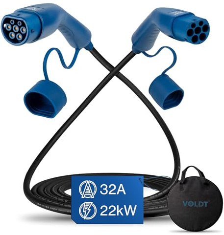VOLDT Câble de charge de type 2 22 kW 32 A triphasé pour voitures électriques EV PHEV, type 2 vers type 2 Mode 3, convient pour modèle S/X/Y/3, ID.4, E-Tron, e-208, I4, IX1, Zoe, etc. Protection IP67