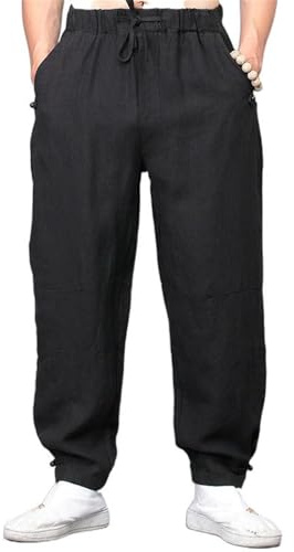 Pantalon d'été décontracté en Lin de Coton Fin pour Hommes Pantalon de Jogging Chinois-Black-L