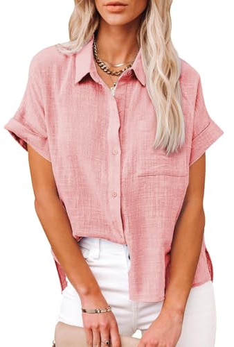 Friptspyg Bluse Damen Blusen & Tuniken Lässiges Kurzarm Hemdbluse Sommer V-Ausschnitt 100% Baumwolle Solide Blusenshirt Elegant Oberteile mit Tasche, Rosa M