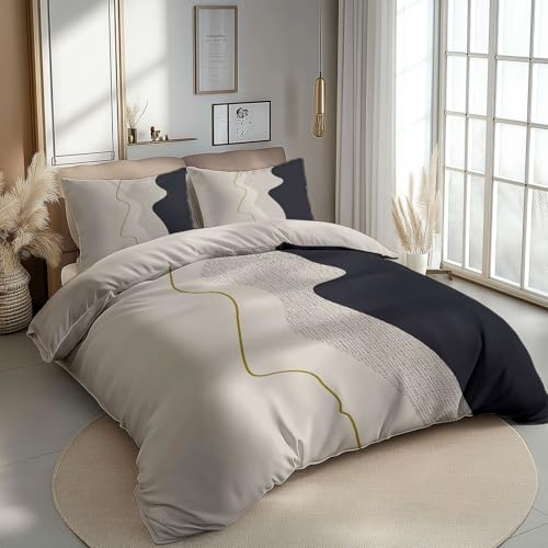 CozyRest Bettbezug 180 x 200 cm Geometrie Linien Beige Muster 3 Teilig Bettwäsche-Sets Weich Mikrofaser mit 2 mal Kissenbezüge 80x80 cm, Bügelfrei Knitterfrei Bettbezug für Allergiker geeignet
