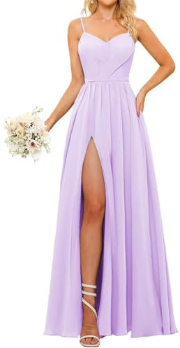 KURFACE Abito da damigella d'onore in chiffon con scollo a V e spacco con spalline sottili, abito da sera formale, Lilla, 50
