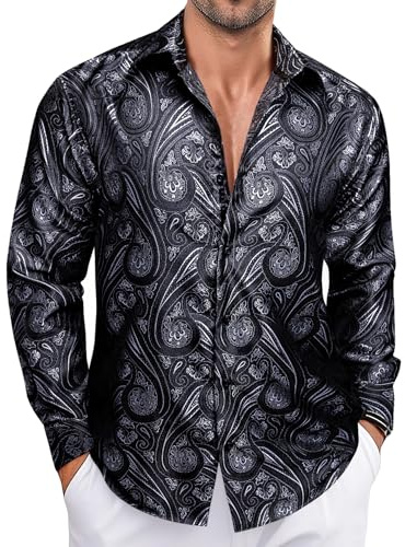 Ailisus Chemises vintage à motif cachemire pour homme à manches longues, chemise de fête disco brillante décontractée, costume floral soyeux, designer unique, noir/gris, XL