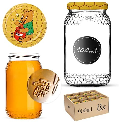 KADAX Lot de 8 bocaux à miel, 900 ml, avec couvercle à visser fi82 mm, pour miel, pots à confiture, bocaux à vis, motif Winnie l'ourson