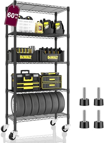 Homtura Drahtregal mit 5 Etagen und Rollen, 340 kg, robuste Lagerregale, Metallregal, rollbares verstellbares Regal, Drahtregal für Küche, Garage, Speisekammer, 35,6 cm T x 76,2 cm B x 152,4 cm H