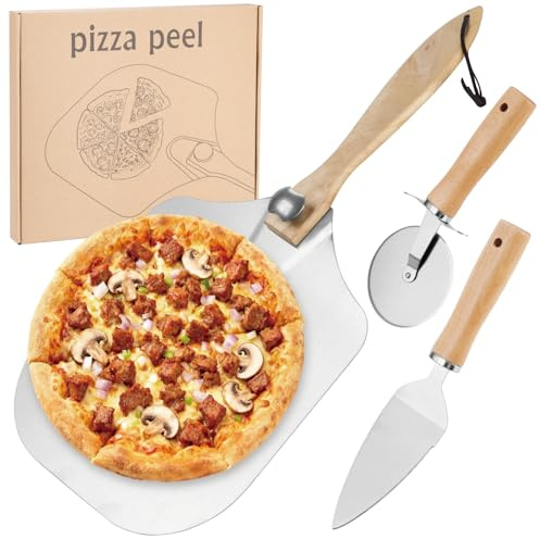 Aluminum Pizza Peel 12x14, Metal Pizza Paddle with Foldable Wooden Handle, Metal Steel Pizza Spatula Set With Rocker Cutter, Ideal for Family Pizza Oven Baking,Dough, Bread & Pastry