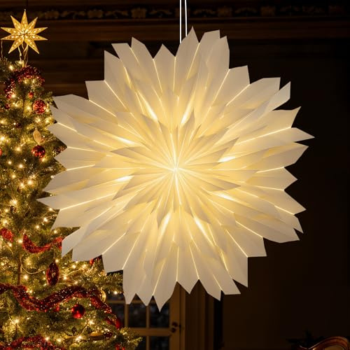 wokdsbl 45cm Weihnachtsstern Beleuchtet LED, 3D Papierstern für Fensterdeko Weihnachten Innen, Faltbarer Weihnachtsstern, Warmweiß Weihnachtsdeko Stern Hängend