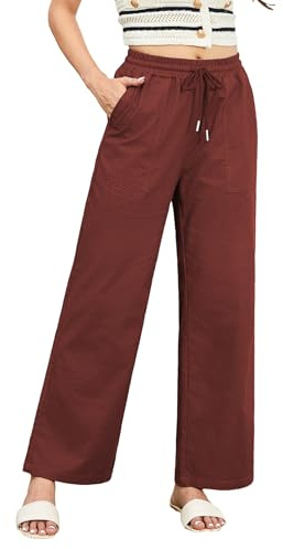 Enmain Pantalon Lin Femme Fluide été Pantalon Taille Élastique Décontracté Léger Ample avec Poches pour Vacances Plage ou Balade Rouge L