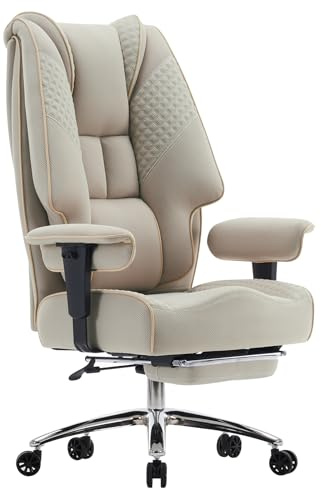 EXCEBET Kontorsstol XXL Ergonomisk 200 kg, Skrivbordsstol med Fotstöd och 14 cm Pocketfjädrar, Datorstol i Andningsbart Mesh, Kontorsstol med Höjdjusterbara Armstöd(Ljusbeige nät)