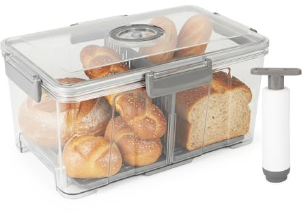 Punorric Bread Bin Airtight Bread Box with Pump and Air Valve, Time Recording Food Storage Container with Lid, Plastic Storage Box for Homemade Toast, Bagels and Cookies, 35.5 x 20 x 17 cm, BPA-Free