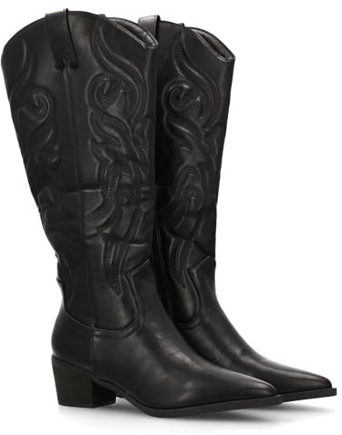 shoes&blues.es 95349 Bota Cowboy para Mujer de Cana Alta con Bordados y Punta Fina. Tacon Ancho.Ideales para Otono Invierno. Negro Talla 39