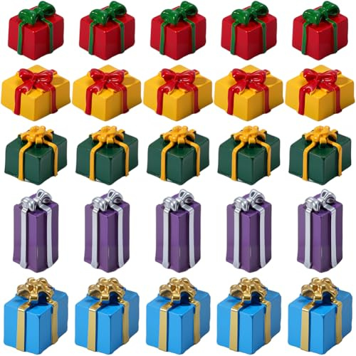 SUNNYCLUE 1 Box 30 Stück 5 Stile Mini Weihnachtsfiguren Aus Kunstharz Mini Geschenkbox Ornamente Große Menge Verschiedene Bunte Figuren Weihnachtsminiaturen Für Feiertagsbasteleien Schreibtischparty F