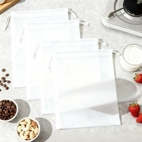 4 PCS Reusable Straining Bag (20×30cm) - 100Mesh Nylon Cheesecloth Drawstring Bags for Cold Brew Coffee, Nut Milk, Yogurt, Fruit Juice, Aquarium Filtration | Food-Grade, Easy Clean (4)