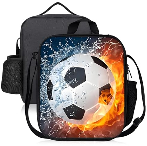 SYTTNUM Bolsa de Almuerzo para niños, Lonchera con Estampado de Fútbol 3D para niños, reutilizable, lonchera portátil, bolsa térmica para oficina, escuela, picnic, viajes al aire libre (25×20×9cm)