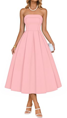 ZESICA Women's Summer Strapless Cocktail Dresses 2026 Elegant Off Shoulder Flowy A Line Wedding Guest Party Midi Dress Pink Large