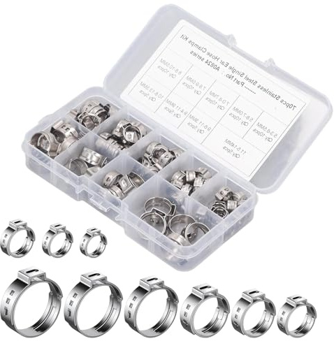 VOBOR 70 Stück Schlauchschellen Edelstahl Set, 9 Größen 5,3-14mm Verstellbare Ohrschellen für Wasser Rohr, Automobil-Tubing, Kühler Rohrschlauch Luftkanal