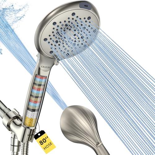 FASDUNT Filtered Shower Head with Handheld, 8-Mode Handheld Showerhead with Filters for Hard Water -Remove Chlorine, Built-in Power Wash, 80 Extra Long Stainless Steel Hose, Brushed Nickel