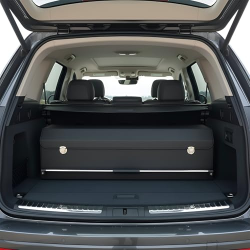 XCF Kofferraum Organizer mit Deckel – Premium NAPPA-Leder, Tragbarer Push-Pull-Griff & Stabile Universal Aufbewahrungsbox für Auto & SUV (Schwarz, 103 x 29 x 31 cm)