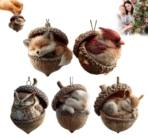 Weihnachtsbaumschmuck mit Waldtiermotiven und Eicheln, Acryl Tiere aus Tannenzapfen Weihnachtsbaumschmuck Deko, 2D Flach Hängende Waldtier- und Eichel-Anhänger Ornaments (One Size)