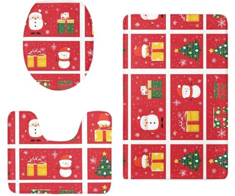 Badezimmerteppich Set 3 Teilig Rot Gelb Weihnachten WC Teppich Schnell Trocknend Badvorleger rutschfest Badgarnitur 3 Teilig Stand WC Waschbar Bad Teppiche Set Dekoration 50x80 cm