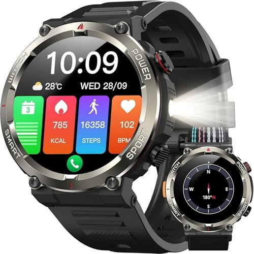 IOWODO Smartwatch Uomo, 1.45 Militari Orologio Intelligente con Torcia Bussola, Batteria 960mAh, IP68 Impermeabile, Orologio Fitness con Chiamate Bluetooth, Cardiofrequenzimetro Sonno, Android iOS