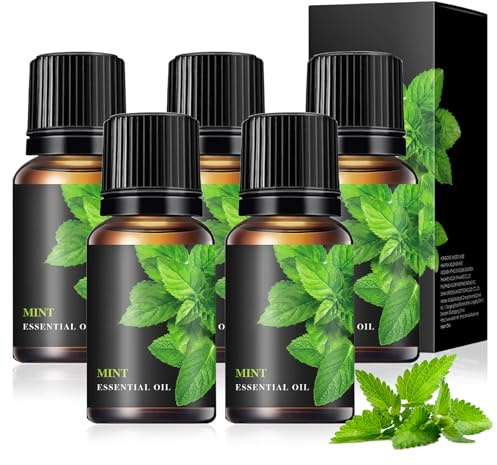 5 Stück Pfefferminzöl, 5x10ml Peppermint Oil, Minzöl, Erfrischend und Belebend， Geeignet für Aromadiffusoren, Luftbefeuchter, Kerzenherstellung, Massagen und Bäder
