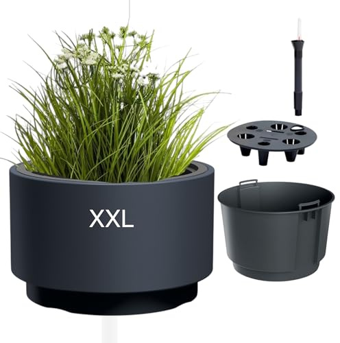 MELTOM Pflanzkübel mit Wasserspeicher Ø 47,3 x H 29 cm Anthrazit Groß | Gefäß 45 L, Innentopf 30 L herausnehmbar · Wasserstandsanzeiger · für Innen & Außen · Kunststoff, ohne Abflussloch