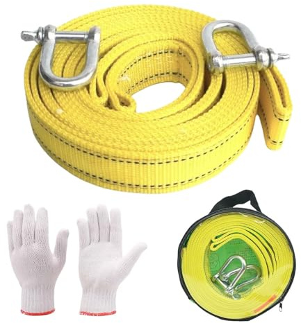 5M Cuerda de Remolque Todoterreno, 5 mm de Grosor, 4,3 cm de Ancho, Cuerda para Remolque Coche, Cuerda de Remolque, Remolque Coche Eslinga, Incluye un par de Guantes. para Rescate en vehículos.