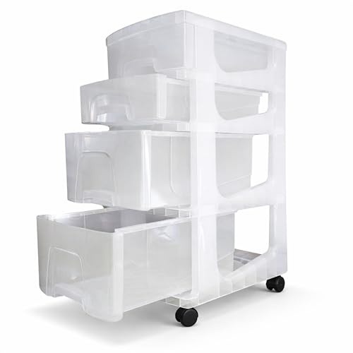 4 Tier Clear Plastic Storage Drawers on Wheels – Clear Heavy Duty Rolling Trolley Unit, Large Stackable Drawer Organiser Cart Utility Craft Toy Clothes Storage