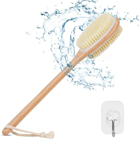 Alyvisun Rückenbürste Dusche mit Langem Stiel | Nass und Trocken Körperbürste aus Holz mit Doppelseitige Borsten, Duschbürste Rücken für Hautpeeling und Tiefenreinigung