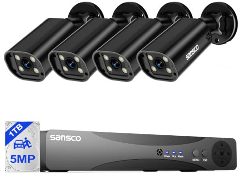 SANSCO 2-Way Audio, 3K Color Night Vision 8CH Wired Home CCTV Camera System | 1TB Hard Drive 24/7 Surveillance, 4pcs 5MP Security Bullet Camera, Face Human Vehicle Detect, App Alert, Support Up to 8-Cam