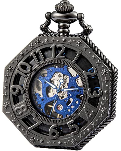 SEWOR Octagon Old School-stil ihåliga arabiska siffror mekanisk hand vind fickur, Svart, Retro