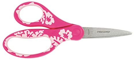 Fiskars barnsax, från 8 år, längd 18 cm, Passar höger- och vänsterhänta, Rostfria stålblad/plasthandtag, Rosa (blommönstrad), 1027421
