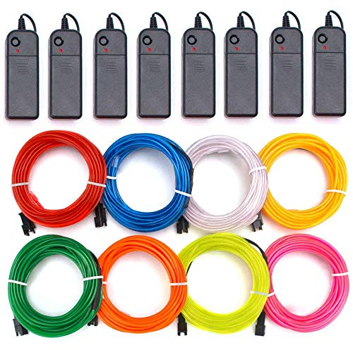 Alambre electroluminiscente (EL Wire) 8 X 1 Metros Resplandeciente efecto estroboscópico Neon Tiras de LED Líneas de Cables Luminoso Exterior para Fiestas y Decoración de Halloween (Multi-color)