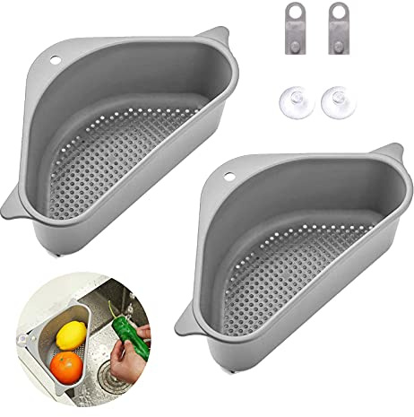 Koomuao Spülbecken Organizer 2 Stück Dreieckiger Filterkorb für Spülbecken- Seiher Sieb Set,Waschbecken Filterablage Abflusskorb Lagerregal für Gemüse/Obst Küche Sieb Teesieb (Grau)