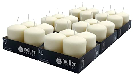 Müller Elfenbein-Stumpenkerze – Packung mit 24 kleinen Kerzen ohne Duft – 4,8 x 6,2 cm – 10 Stunden Brenndauer Kerzen zur Dekoration – kein tropfendes Wachs
