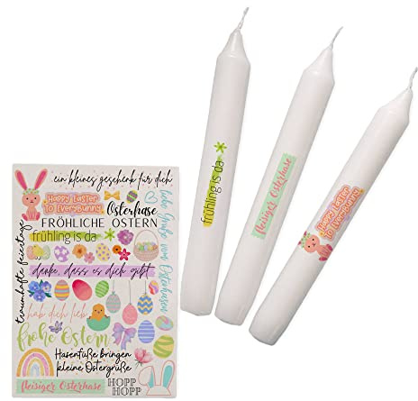 Kerzen Sticker | Bastelset für Kerzen ThemaOstern Bunt | Geschenk | DIY | Bastelset | Basteln | Sprüche (A5, 2 Stumpenkerzen weiß)