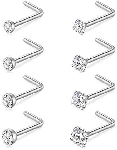 AceFun 18G Curved L-shaped Nose Studs 1MM Stainless Steel Nose Bar Nostril Piercing Diamond Cubic Zirconia Piercing Body Jewelry Silver 7MM
