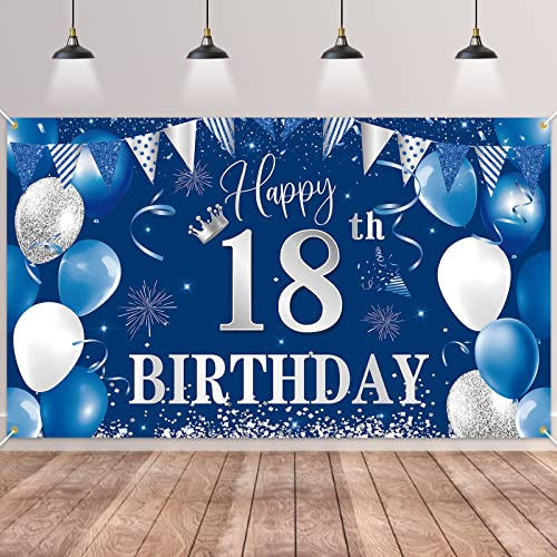 18 Décorations fête en Bleu Argent,Deco Anniversaire 18 ans Bannières de Joyeux Anniversaire Fête Porche Signe Bannière pour 18 Décoration Homme Femme