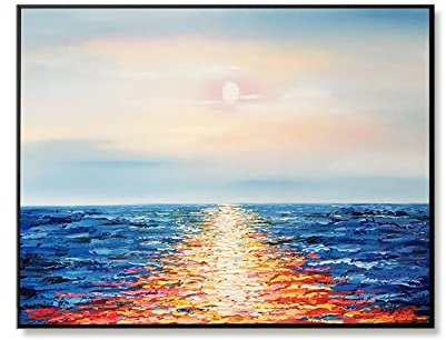 LCDIUDIU Acrylbilder, Blaue Textur Meer Sonnenaufgang Reflexion Landschaft Abstrakt Modern Original Handgemalte Ölgemälde Auf Leinwand Für Familie Wand Wohnzimmer Esszimmer Home Art Decor,60X90Cm(24X