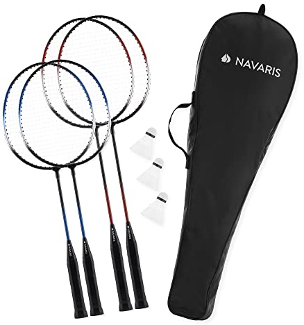 Navaris Badminton Set inkl. Federbälle - Federball Spiel-Set mit extra Kinder Badmintonschläger - Federballset mit Tragetasche - in Rot und Blau