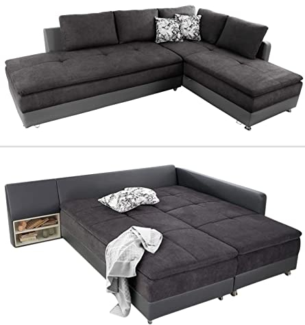 Federkern Ecksofa B306/T223/H95 cm Dauerschläfer, Doppelbett Schlaffunktion, Kaltschaum-Topper, Bettkasten, Regal, Schwenkteil LINKS, Mikrofaser-Bezug Anthrazit, Korpus Kunstleder Grau / 15105