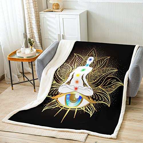 Yoga Meditation Decke 150 x 200 Trippy Sieben Chakra Fleece Decke Hamsa All Seaing Eye Decke Werfen Neon Gold Lotus Mandala Sherpa Decke Schwarz Indian Hippie Chakra Fleece Decke