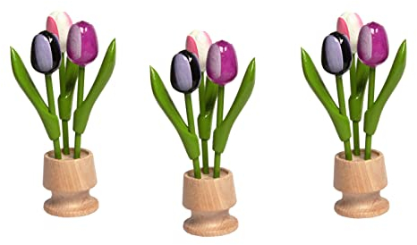 MomoMoments Juego de 3 tulipanes de madera en jarra de madera, color blanco berenjena, 15,5 cm de alto, pintados a mano, ramo de flores, decoración de mesa, flores de madera, fabricado en Holanda